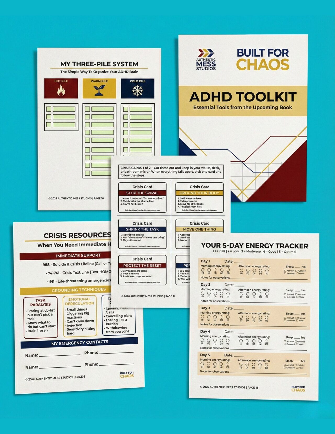 Built For Chaos ADHD Toolkit spread showing all included pages on teal background