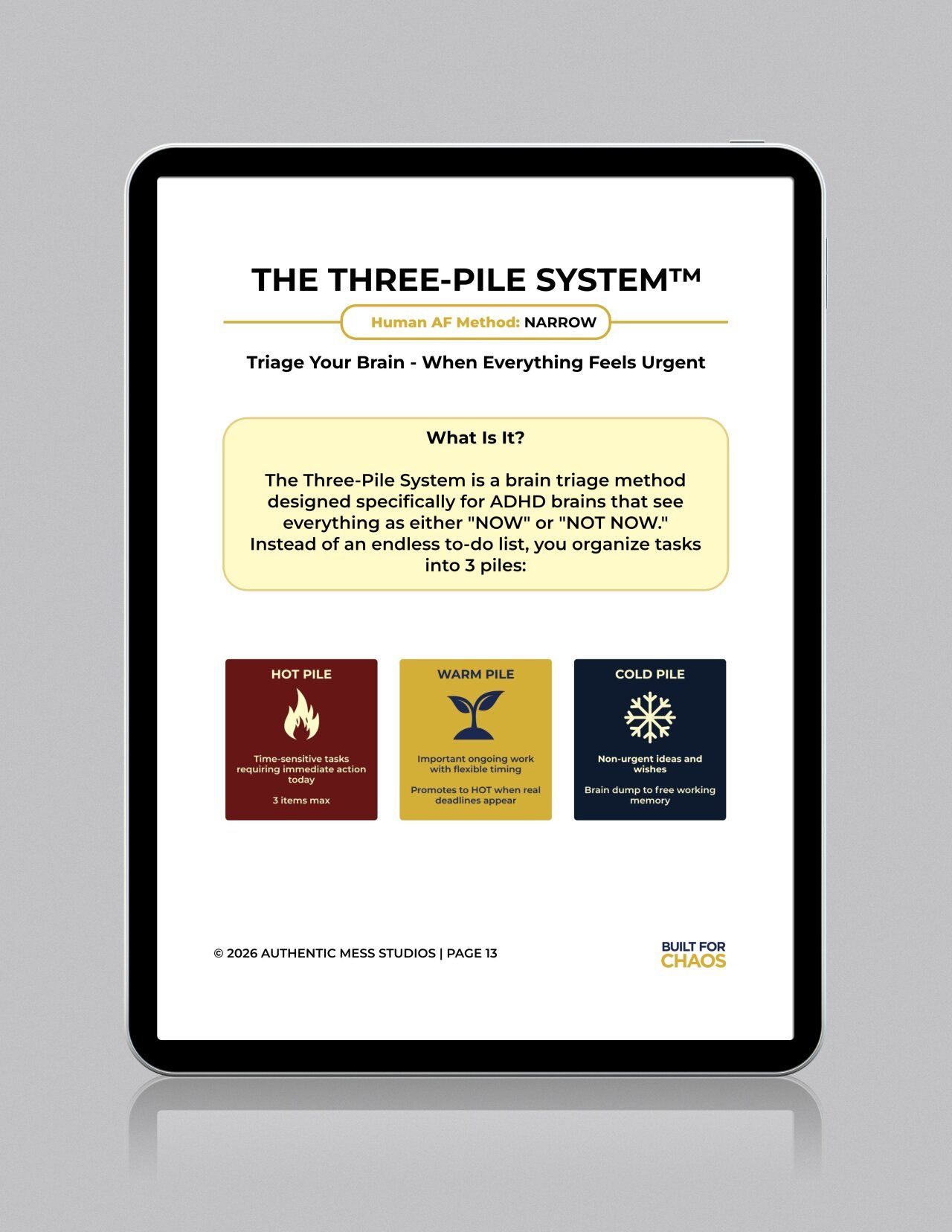 The Three-Pile System page with HOT, WARM, and COLD pile categories on iPad